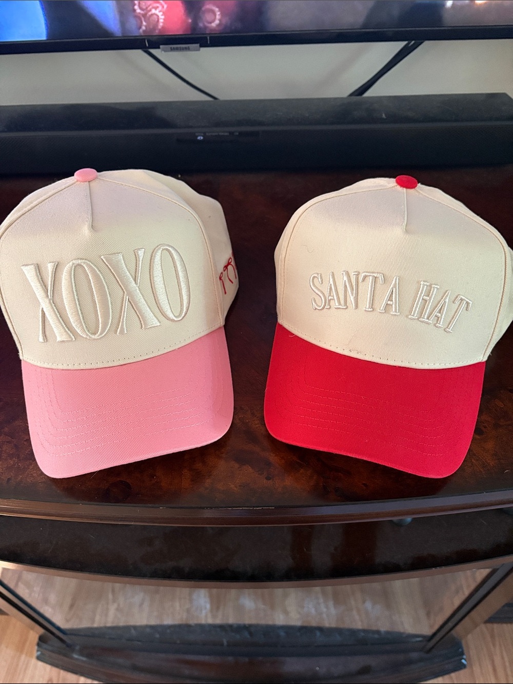 XOXO Pink Baseball Cap & "Santa Hat" Red Baseball Cap - Embroidered Two-Pack